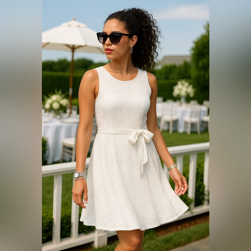 Sandra and Darren Elegant
White textured dress.
A-line flare gorgeous Sz 12